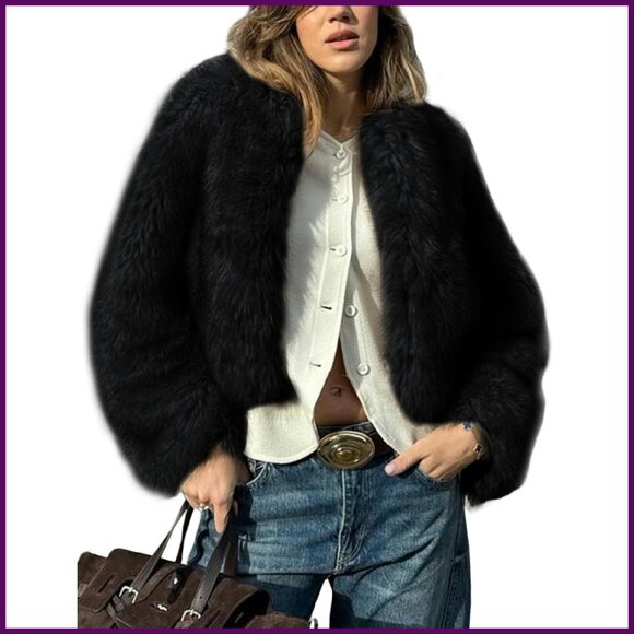 Faux Fur Cropped Jacket Open Front Winter Coat Women's Size S-M-L-XL